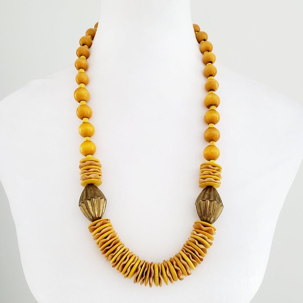 Vtg Chunky Mustard Yellow Wood Beaded Statement Necklace Brass Accents MCM Boho